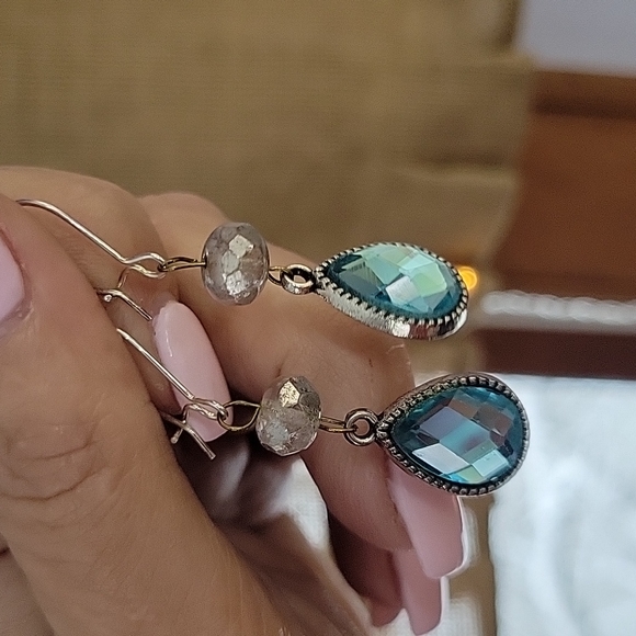 Czech Glass and Aqua Crystal Teardrop Earrings - Picture 4 of 7